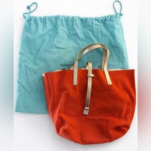 Tiffany & Co. Orange & Metallic Gold Reversible Suede Tote with Logo - Authentic